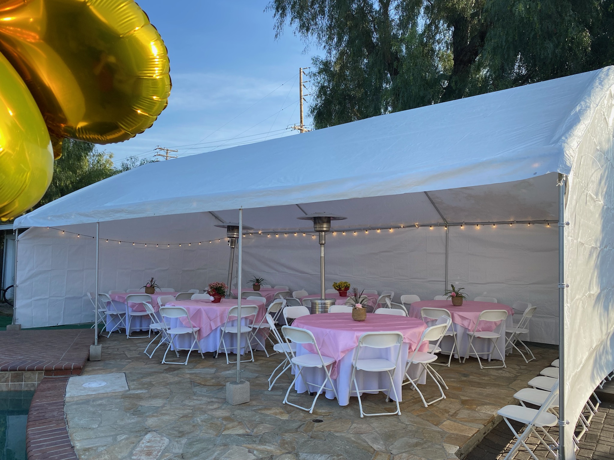 30 x 30 Frame Tent Package 12 Banquet Tables & 100 Black Chairs Included